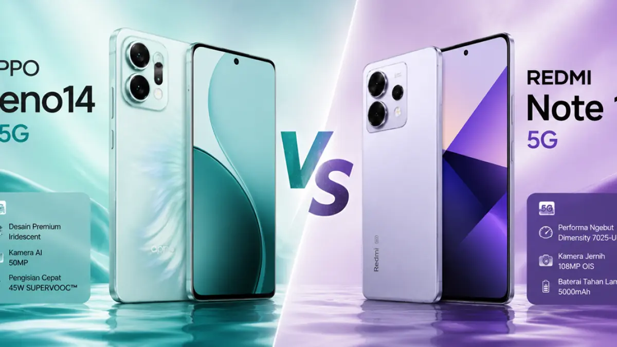 Redmi Note 14 5G dan Oppo Reno14 F 5G bersaing ketat di pasar smartphone kelas menengah Indonesia. (Ilustrasi AI)