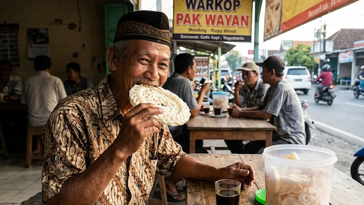 Ilustrasi seorang bapak makan kerupuk (AI)