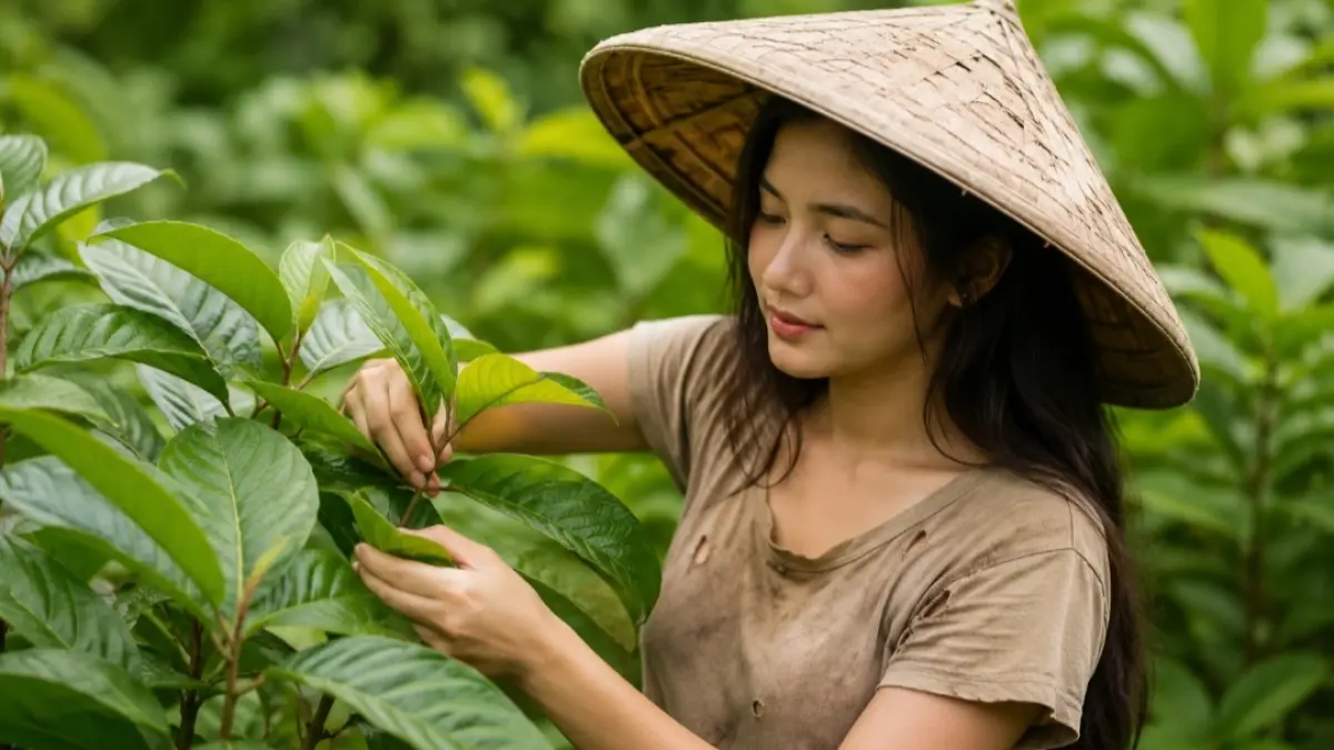 ILUSTRASI KRATOM — Petani memetik daun kratom di kawasan perkebunan Kalimantan. Sebagai informasi, Pemerintah Provinsi Kalimantan Timur mulai mendorong hilirisasi kratom atau kedemba sebagai komoditas ekspor unggulan baru dengan potensi nilai ekonomi mencapai miliaran rupiah per hektare per tahun.