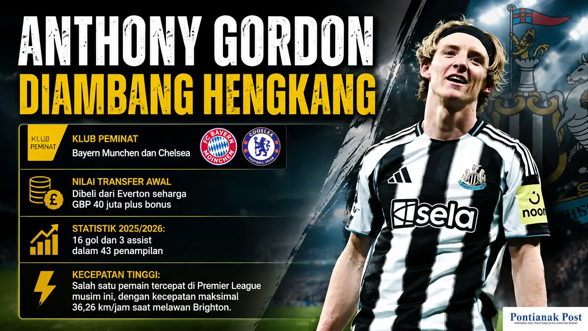 Anthony Gordon dikabarkan masuk radar Bayern Munchen dan Chelsea jelang bursa transfer musim panas 2026. (Infografis: AI/Pontianak Post)