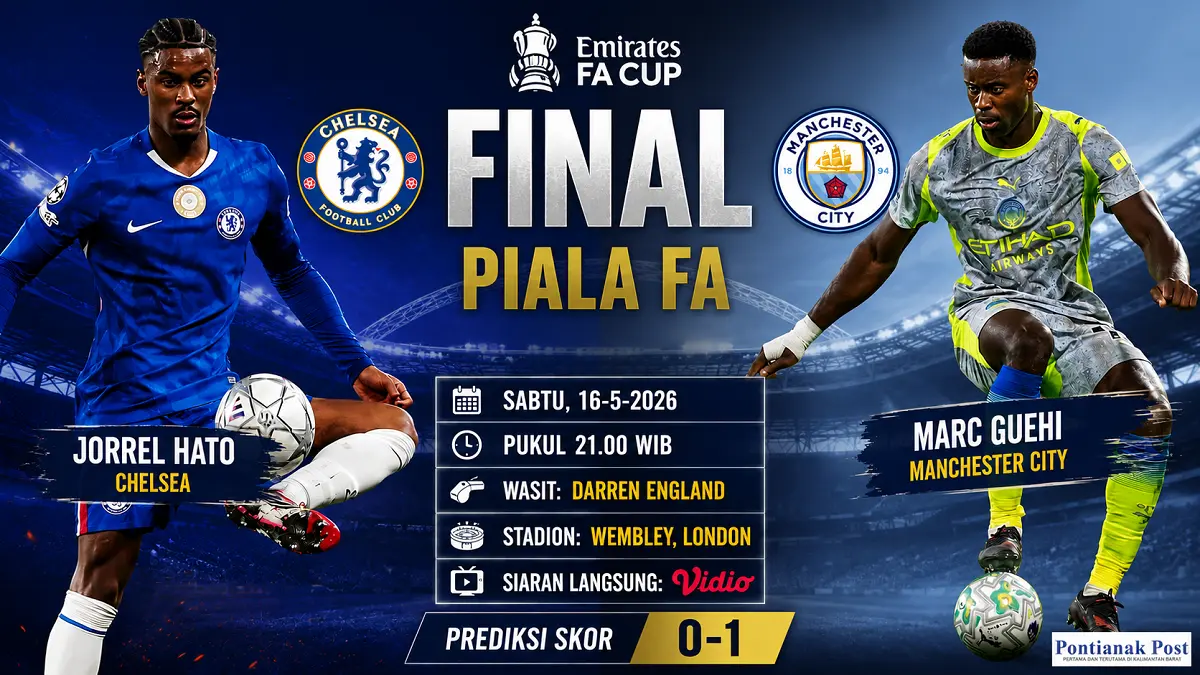Manchester City memburu gelar treble domestik musim ini saat menghadapi Chelsea FC pada final Piala FA di Stadion Wembley, London, Sabtu malam WIB (16/5). (Infografis AI/Pontianak Post)