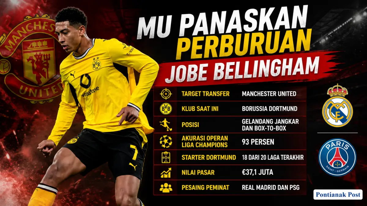 Manchester United kembali memasukkan gelandang muda Jobe Bellingham dalam daftar target utama pada bursa transfer musim panas. (Infografis: AI/Pontianak Post)