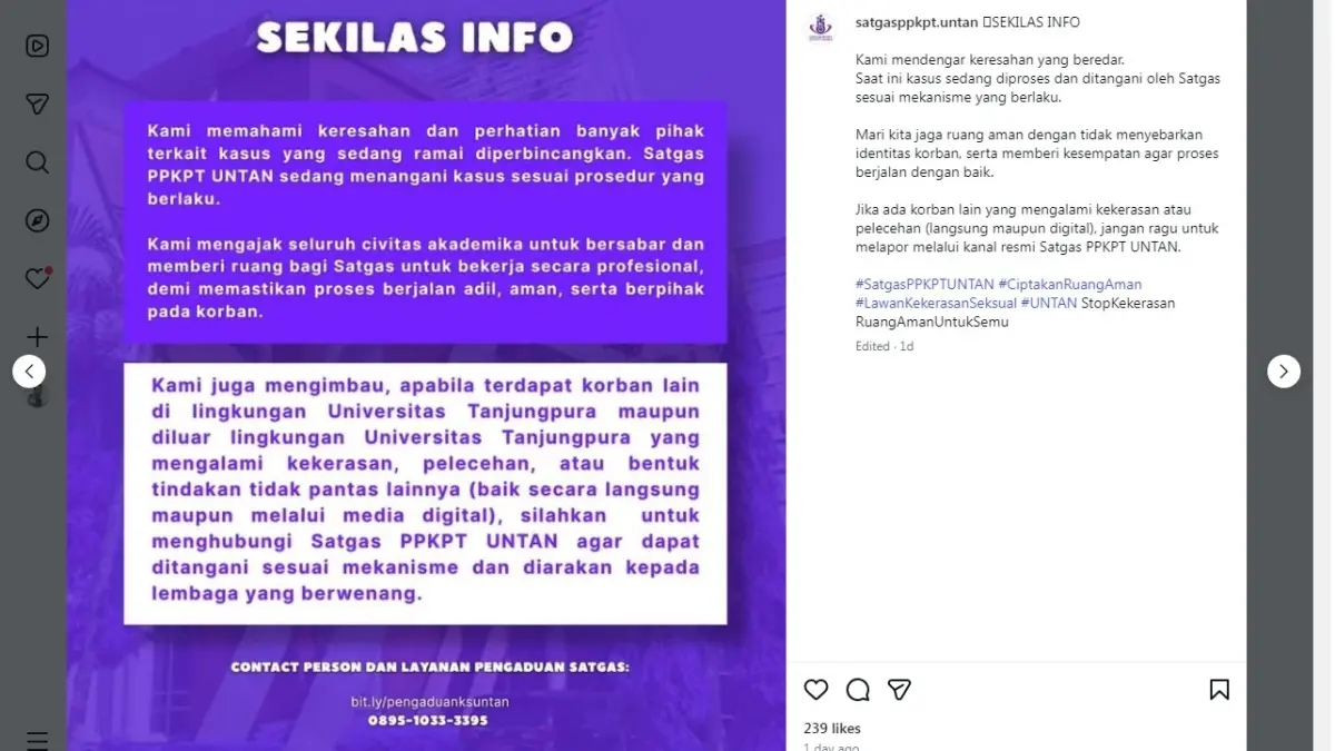Pernyataan resmi Satgas PPKPT Untan. (INSTAGRAM)