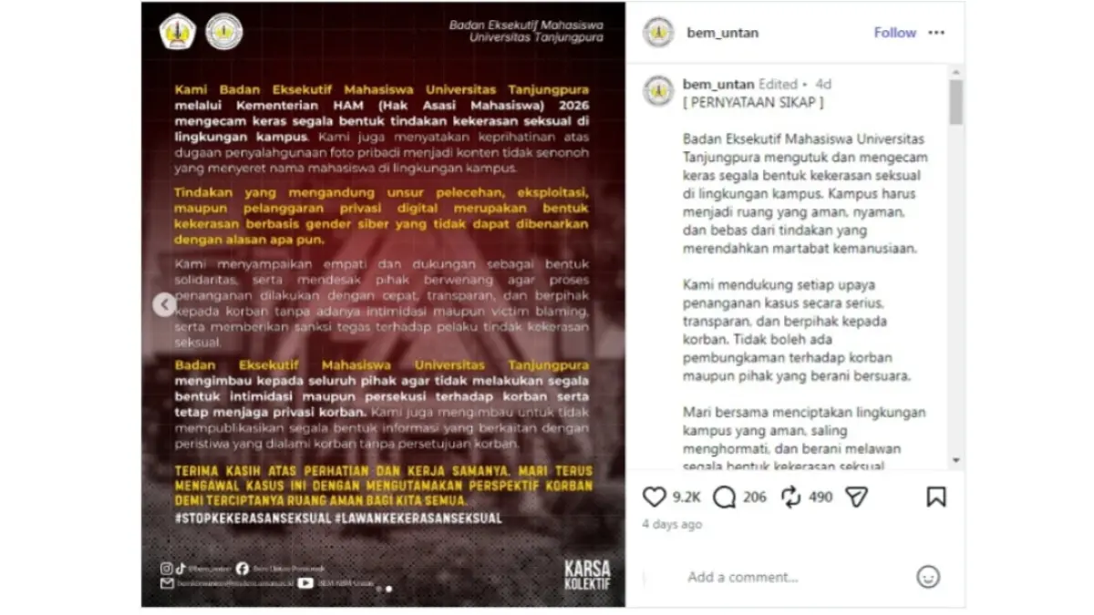 Sikap resmi BEM Untan terhadap kasus dugaan deepfake vulgar yang nama mahasiswa di lingkungan kampus. (INSTAGRAM/@bem_untan)