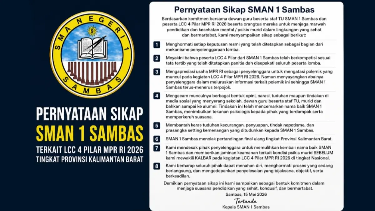 Surat Pernyataan SMA Negeri 1 Sambas terkait polemik LCC Empat Pilar Kalbar 2026.