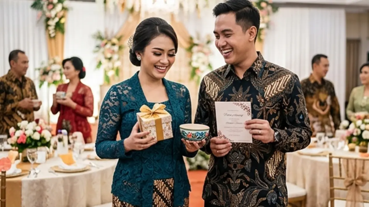 Ilustrasi pasangan mendapat suvenir di pesta pernikahan (AI)