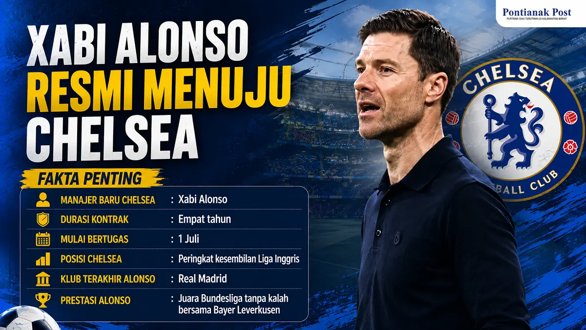 Xabi Alonso disebut segera memulai tugas sebagai manajer baru Chelsea mulai Juli mendatang. (Infografis AI/Pontianak Post)