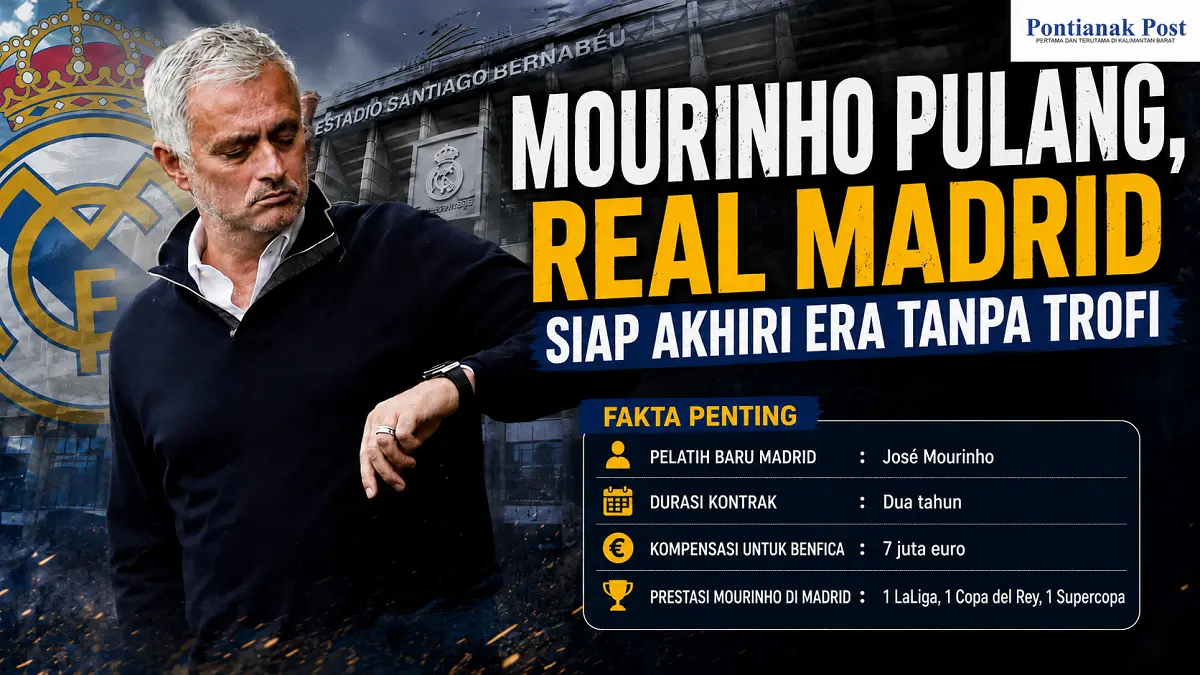 José Mourinho kembali menangani Real Madrid setelah mencapai kesepakatan kontrak dua tahun. (Infografis AI/Pontianak Post)