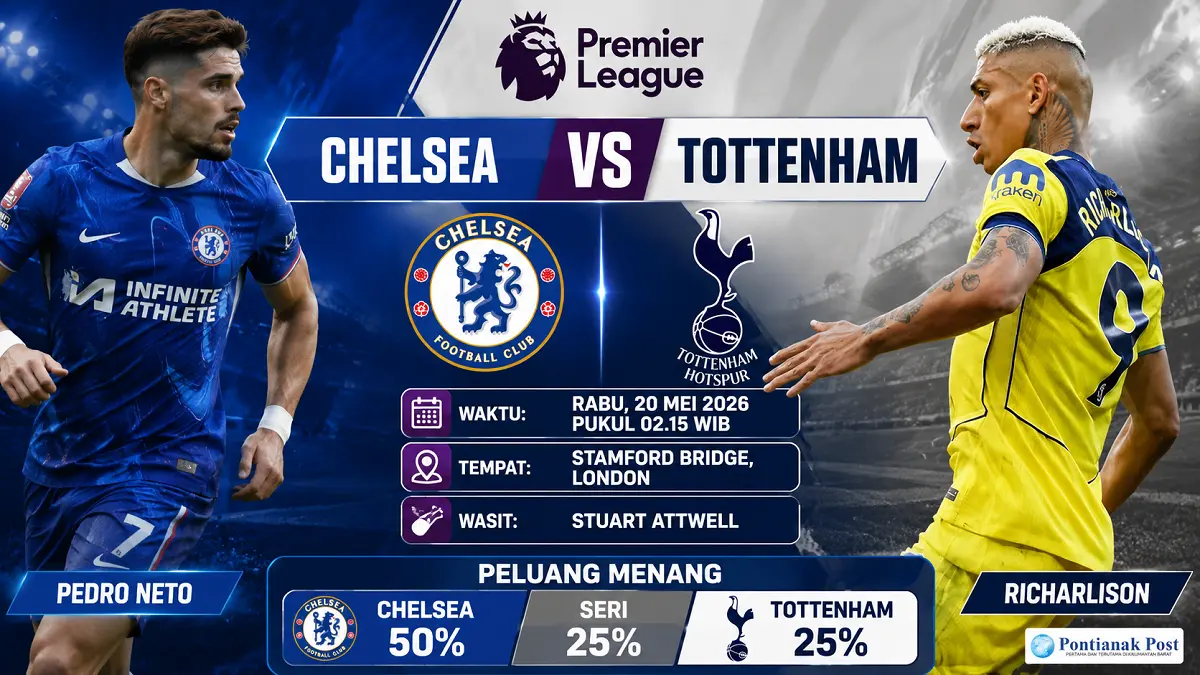 Derby London antara Chelsea melawan Tottenham Hotspur dipastikan menjadi salah satu laga paling panas pada pekan ke-37 Premier League 2025/2026. (Infografis AI/Pontianak Post)