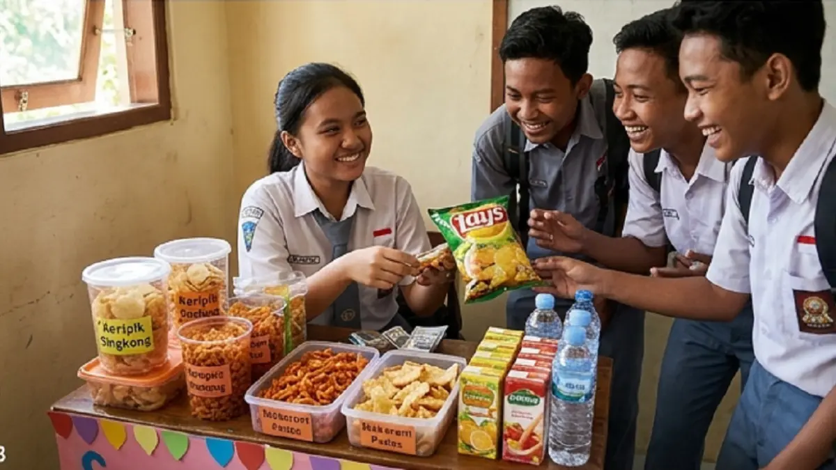 Ilustrasi anak berjualan di kelas (AI)