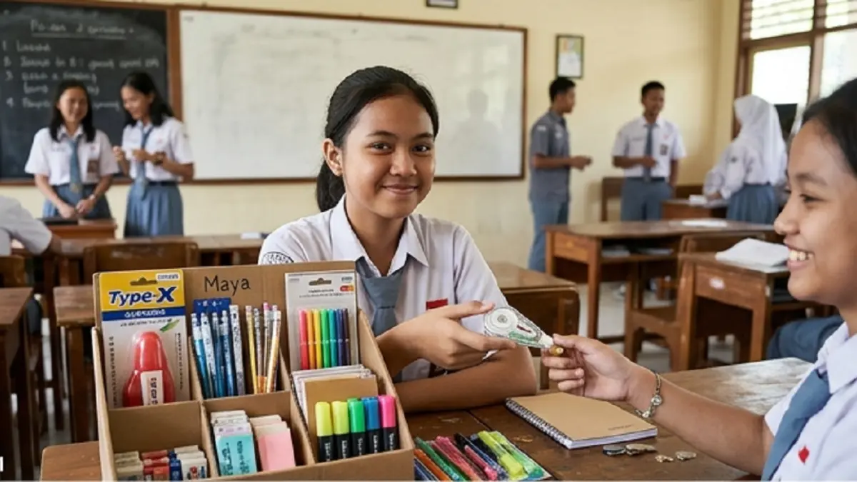 Ilustrasi anak berjualan di kelas (AI)