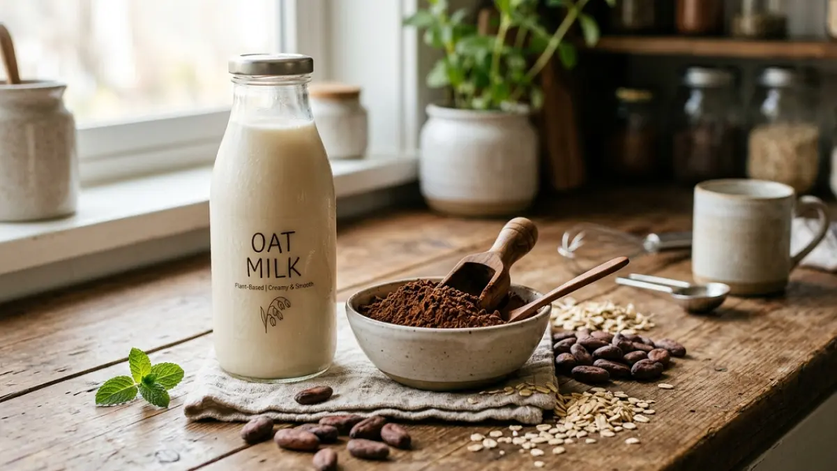 Ilustrasi Oat Milk dan Raw Cacao. (AI)