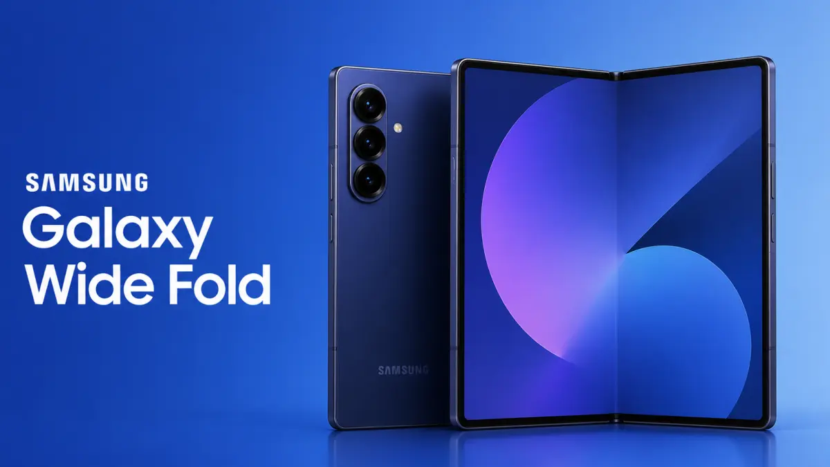 Bocoran render Samsung Galaxy Z Fold 8 memperlihatkan desain baru dengan layar lebih lebar dan lipatan lebih tipis. (Ilustrasi AI)