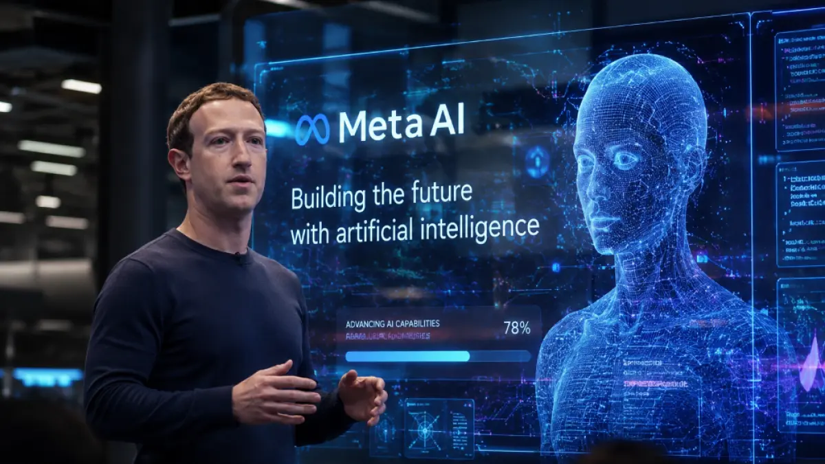 TRANSFORMASI AI: CEO Meta Mark Zuckerberg berbicara di depan visual hologram kecerdasan buatan dalam ilustrasi transformasi besar industri teknologi menuju era AI. Meta dilaporkan memindahkan ribuan karyawan ke divisi AI untuk mempercepat pengembangan teknologi generatif dan komputasi masa depan. Sumber: Ilustrasi AI