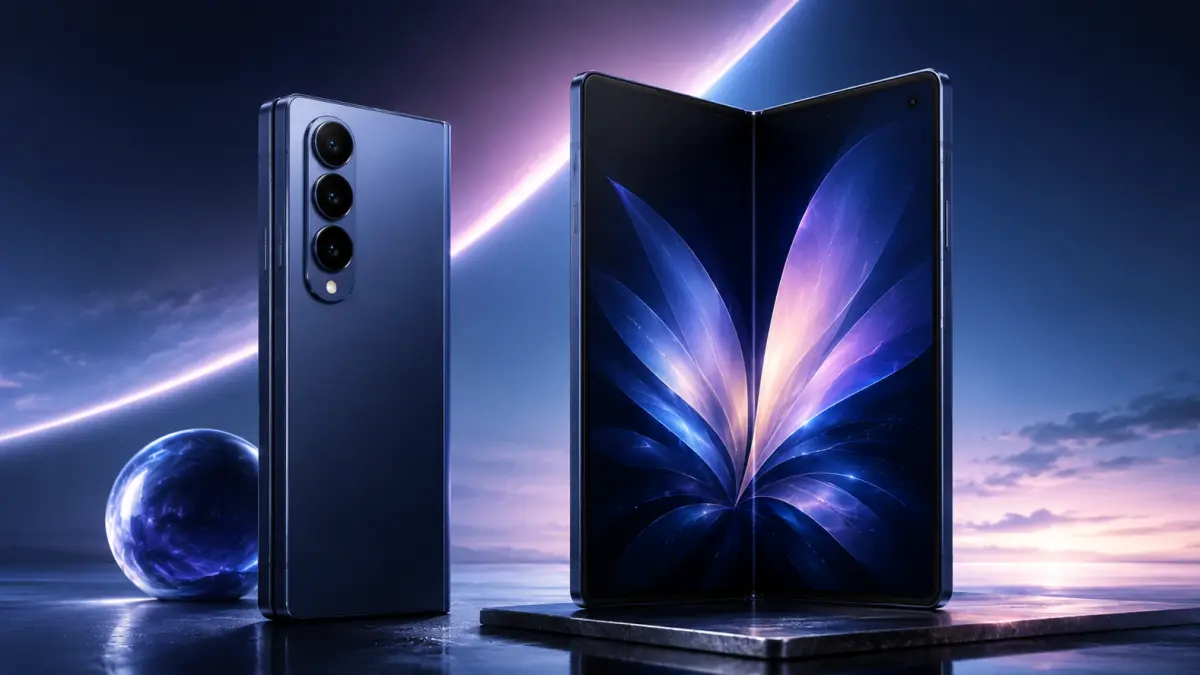Render Samsung Galaxy Z Fold 8 menampilkan desain layar lipat premium dengan bodi lebih tipis dan modern. (Ilustrasi AI)