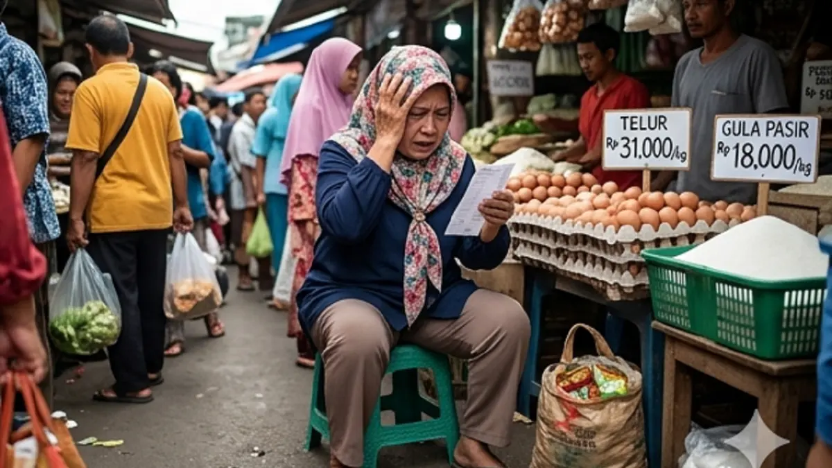 Ilustrasi ibu pusing melihat harga pangan naik (AI)