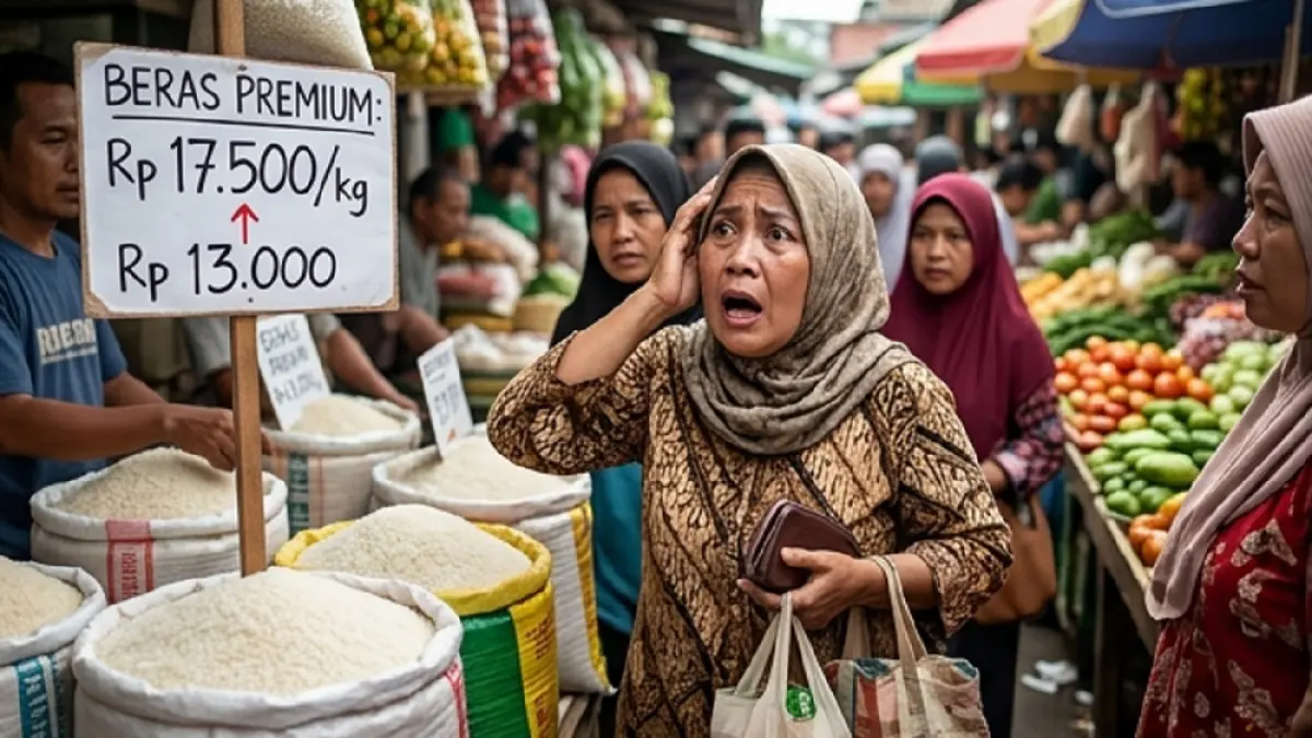 Ilustrasi ibu terkejut melihat harga pangan melonjak (AI)