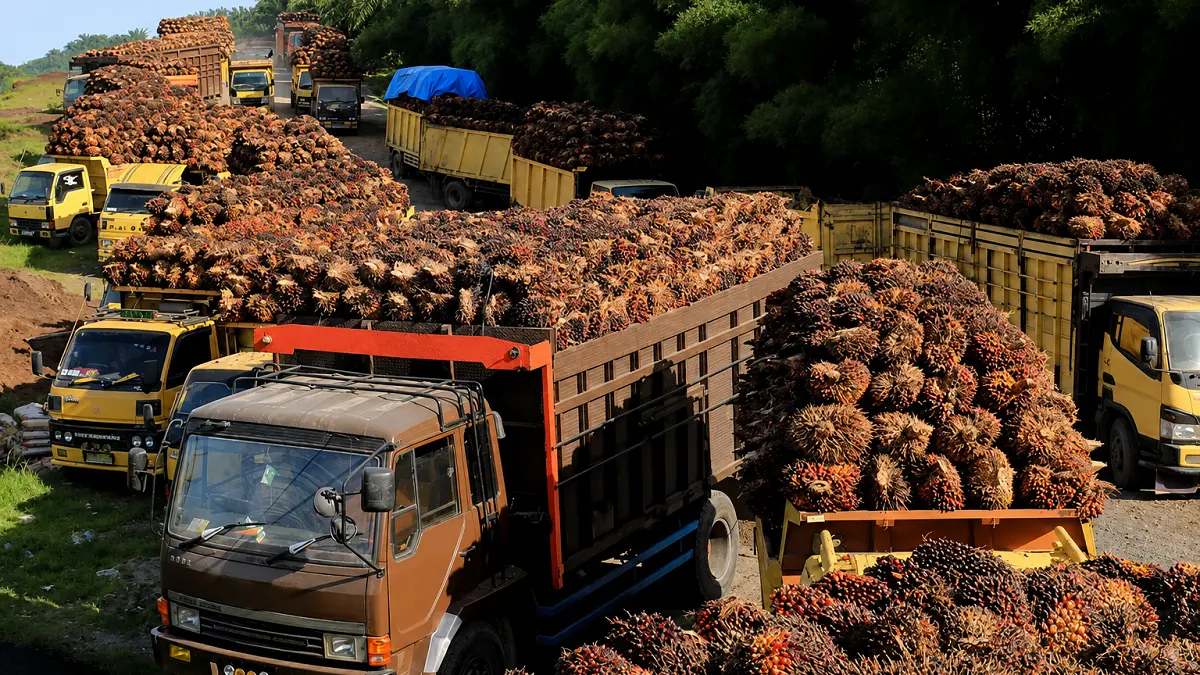 Ilustrasi sejumlah truk pengangkut Tanda Buah Segar (TBS) kelapa sawit mengantre untuk pembongkaran di salah satu pabrik minyak kelapa sawit. (ANTARA FOTO/Syifa Yulinnas/rwa.)