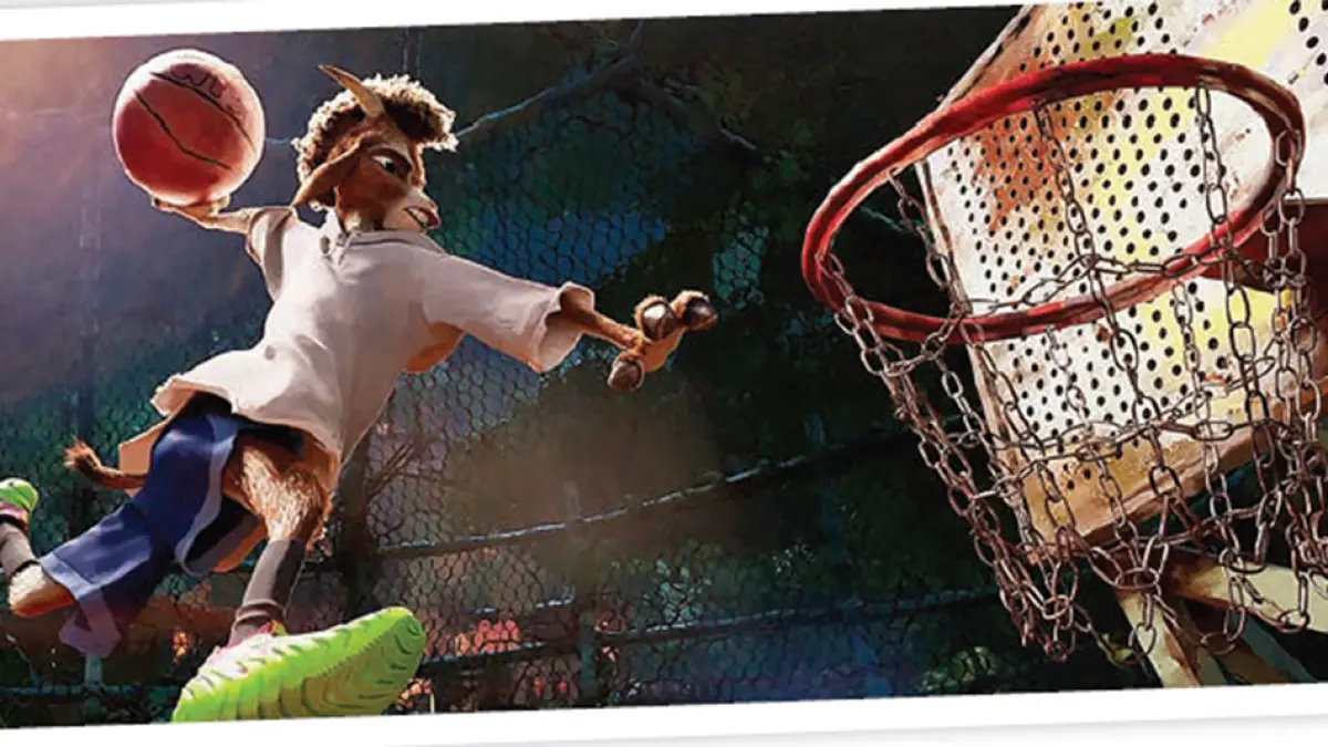 Will Harris (Caleb McLaughlin) melakukan tembakan ke keranjang bola dalam sebuah adegan di GOAT. Will awalnya dipandang sebelah mata hingga sebuah momen membuat kemampuannya diperhitungkan. (SONY PICTURES ANIMATION-COLUMBIA PICTURES)