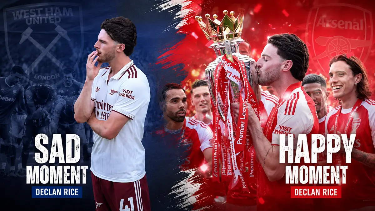 Reaksi emosional Declan Rice saat mengetahui West Ham United terdegradasi dari Premier League, beberapa saat sebelum ia mengangkat trofi juara bersama Arsenal di Selhurst Park. (Kolase: AI Generatif)