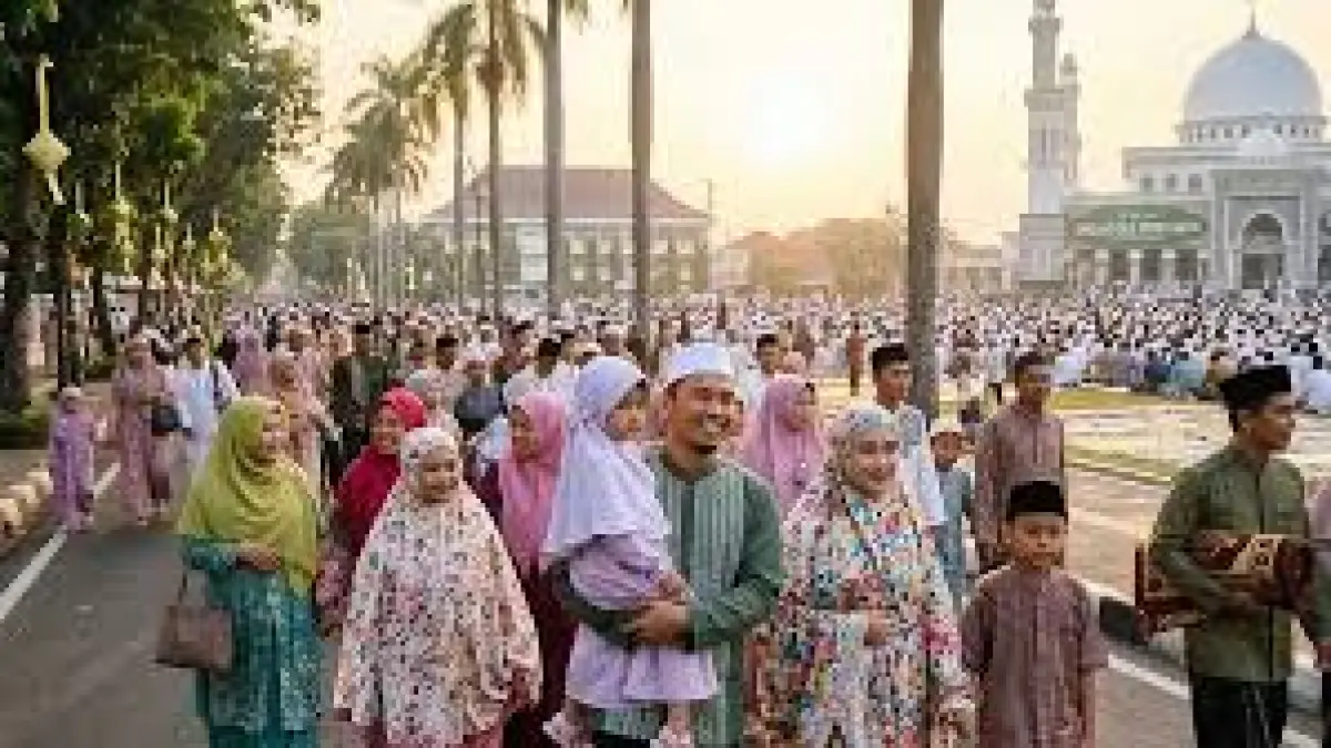 Kaum muslimin tampak ceria ketika akan pergi menunaikan salat Iduladha 