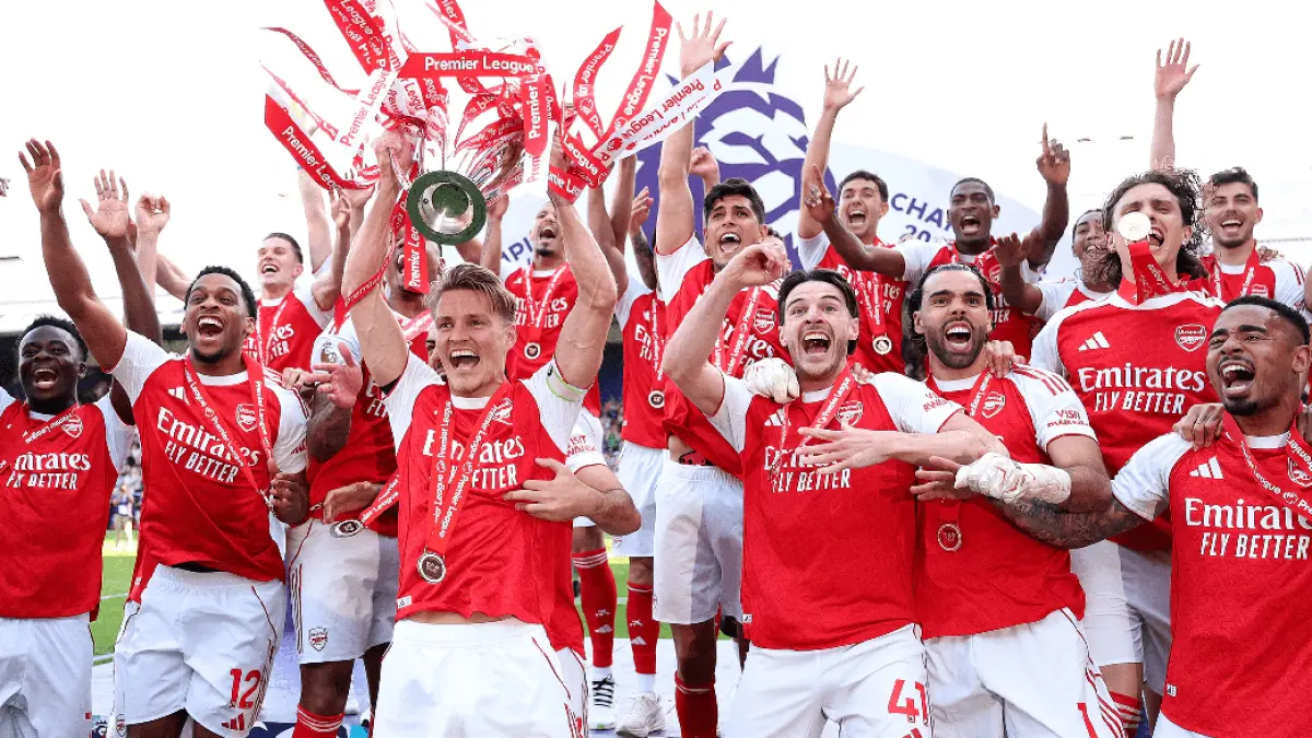 Selebrasi pemain Arsenal usai memastikan gelar juara Premier League 2025/2026 dengan sederet rekor baru. (Dok.Arsenal)