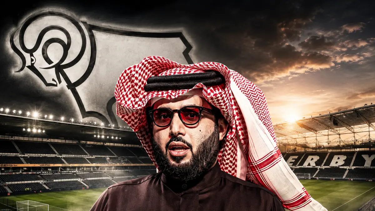 Turki Alalshikh dikabarkan tengah menyiapkan investasi untuk Derby County jelang musim baru. (Kolase:AI)