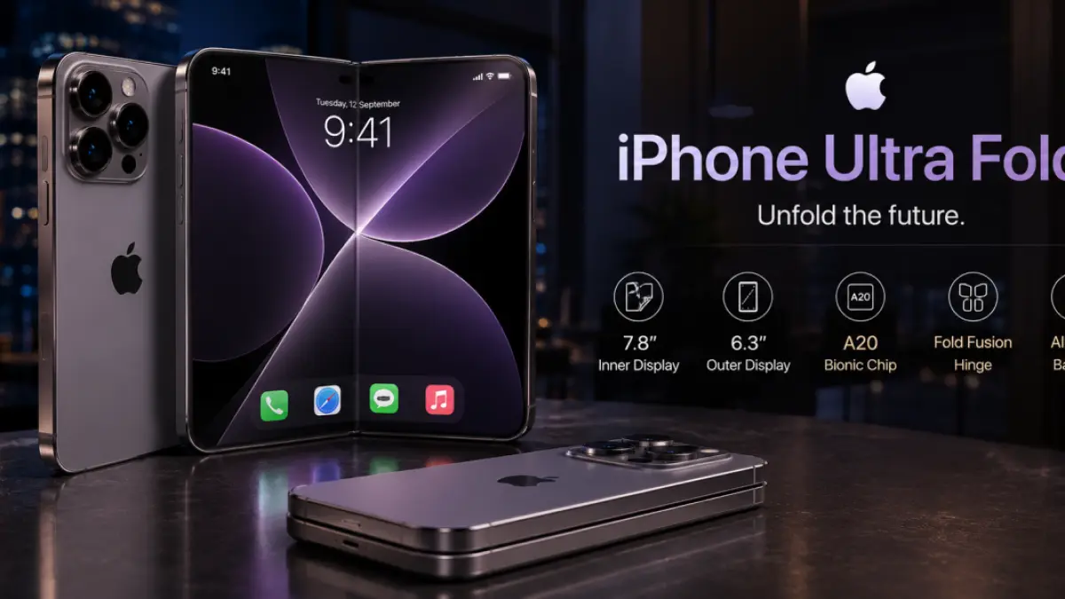 Bocoran desain iPhone Ultra Fold menunjukkan perangkat lipat premium Apple dengan layar besar bergaya buku. (Ilustrasi AI)