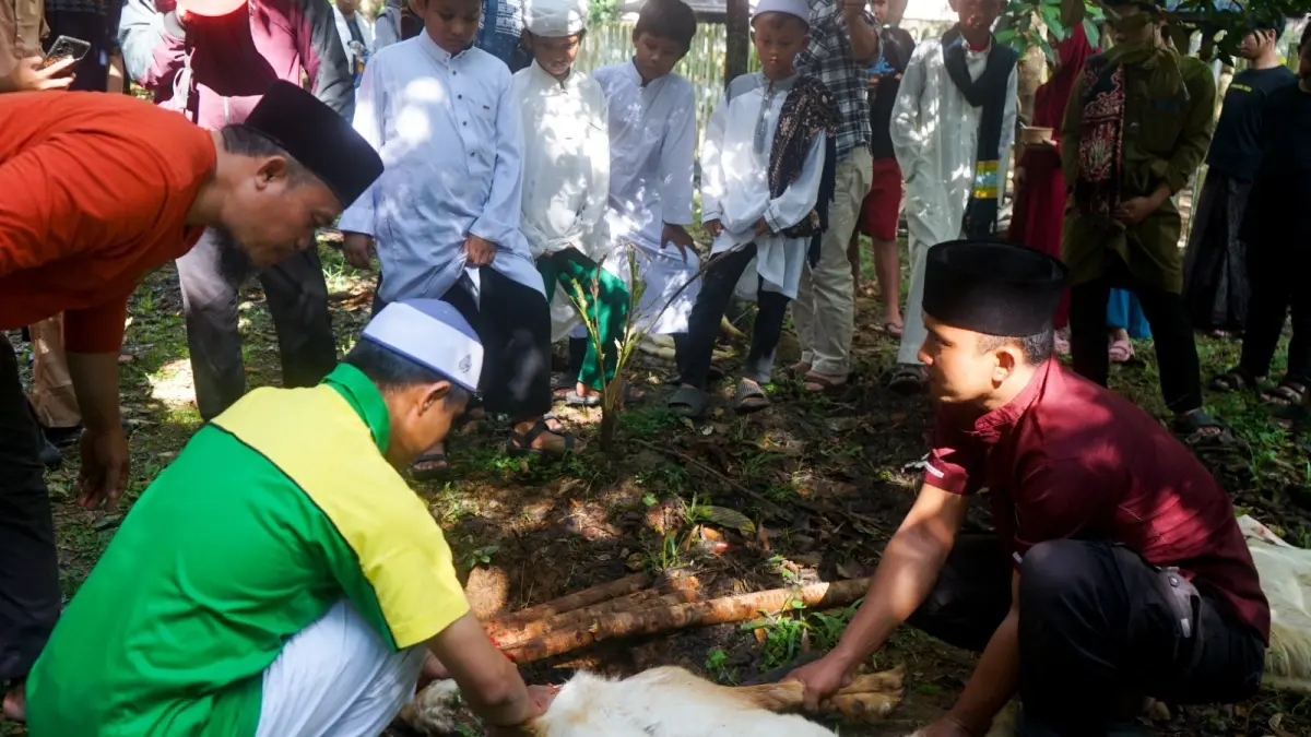 Panitia kurban Masjid Raya Mujahidin melaksanakan pemotongan hewan kurban kambing dan sapi. (HARYADI/PONTIANAKPOST)