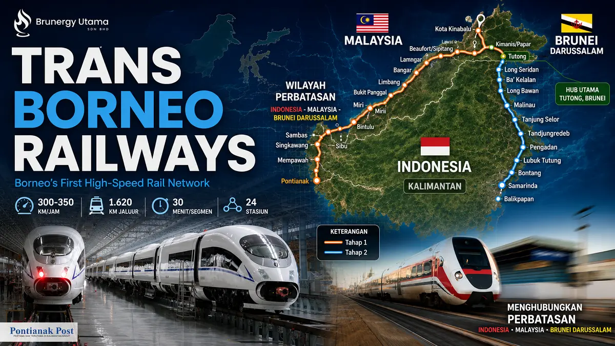 Rencana jalur kereta cepat Trans Borneo disebut akan menghubungkan Pontianak, Brunei, Sabah, hingga kawasan IKN. (Brunergy, Diolah: AI/Pontianak Post)