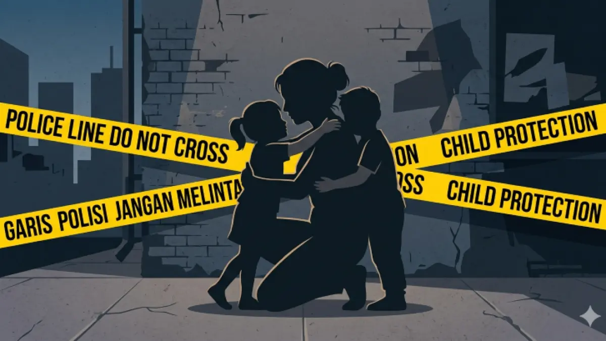 Ilustrasi ibu memeluk anak dengan latar police line