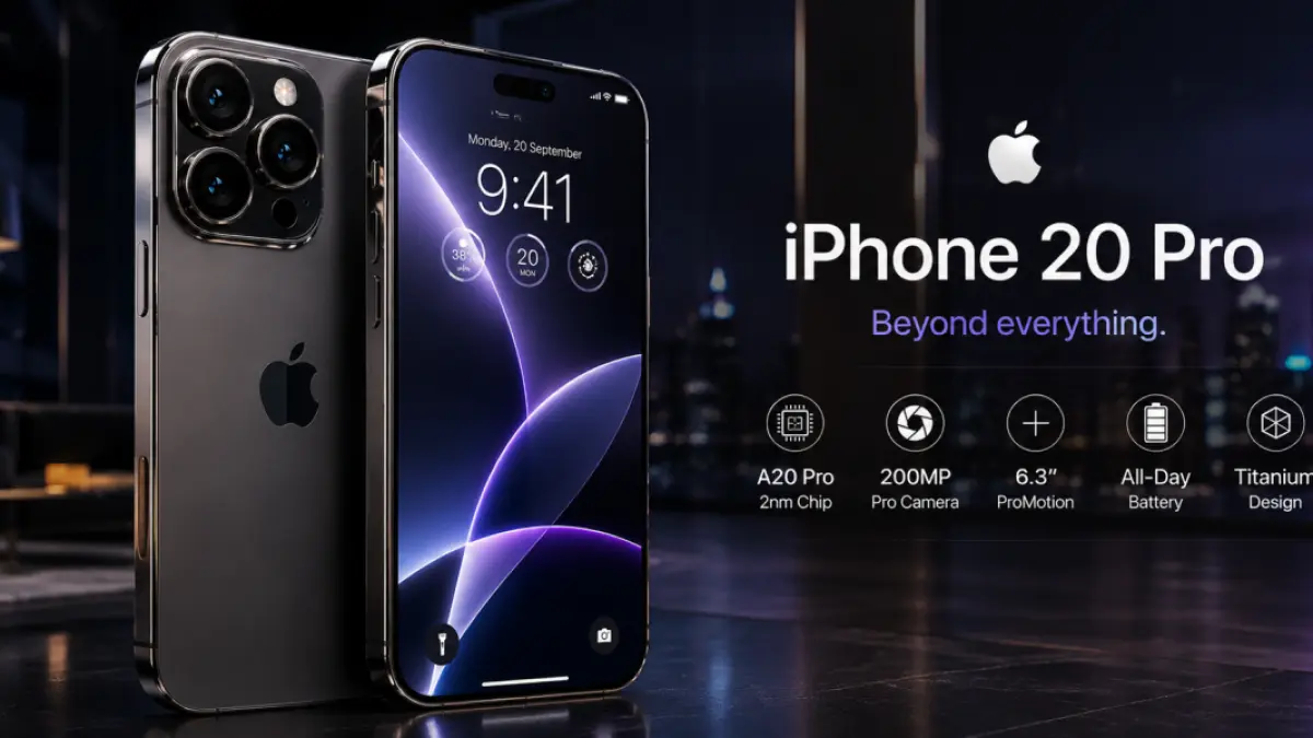 Render bocoran iPhone 20 Pro memperlihatkan desain layar penuh tanpa bezel dan tanpa Dynamic Island. (Ilustrasi AI)