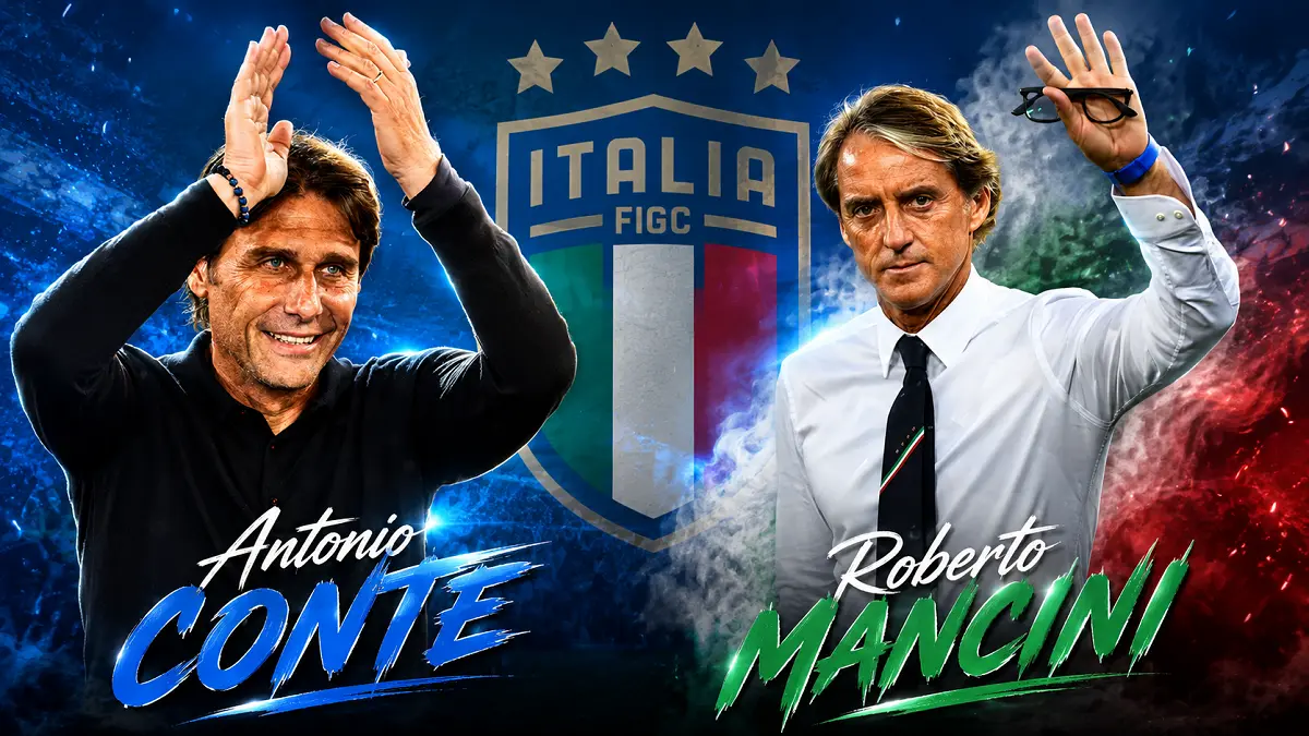 Antonio Conte dan Roberto Mancini menjadi dua kandidat terkuat pelatih baru Timnas Italia. (IG, diolah AI)