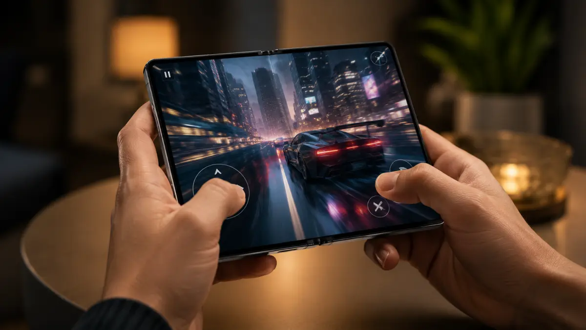 Bocoran pelindung layar Samsung Galaxy Z Fold 8 Wide memperlihatkan desain layar depan yang lebih lebar. (Ilustrasi AI)
