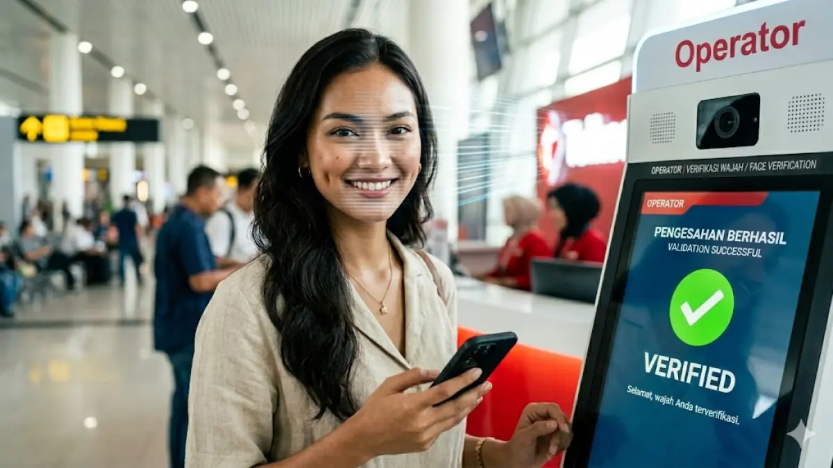 Ilustrasi registrasi SIM biometrik berbasis pengenalan wajah (face recognition) menjadi sistem baru aktivasi kartu seluler yang terhubung langsung dengan Dukcapil untuk memperkuat keamanan data dan mencegah penipuan digital di Indonesia.