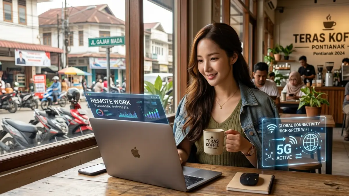 Ilustrasi seorang warga sedang bekerja dari kafe dengan WiFi dan internet berkecepatan tinggi.