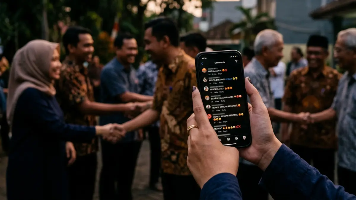 Ilustrasi tentang etika digital dan hak asasi manusia, seorang netizen memegang smartphone dengan komentar hoaks dan ujaran kebencian di layar, latar belakang masyarakat multikultural saling menghormati.