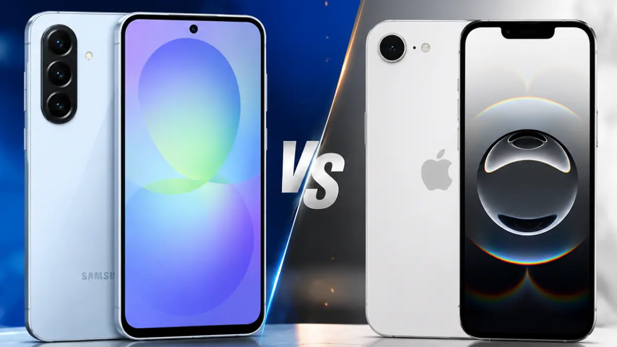 Perbandingan Samsung Galaxy A57 dan iPhone 17e menampilkan duel desain layar besar melawan performa Apple. (Ilustrasi AI)