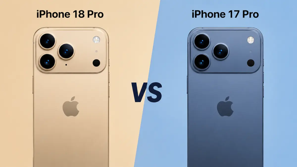 Render perbandingan Apple iPhone 17 Pro dan iPhone 18 Pro dengan desain yang terlihat hampir identik. (Ilustrasi AI)