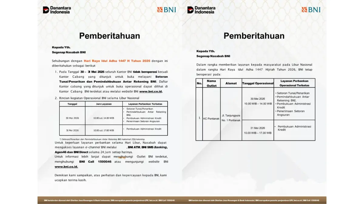 BNI Pontianak tetap buka secara terbatas pada 30-31 Mei 2026. (ISTIMEWA)