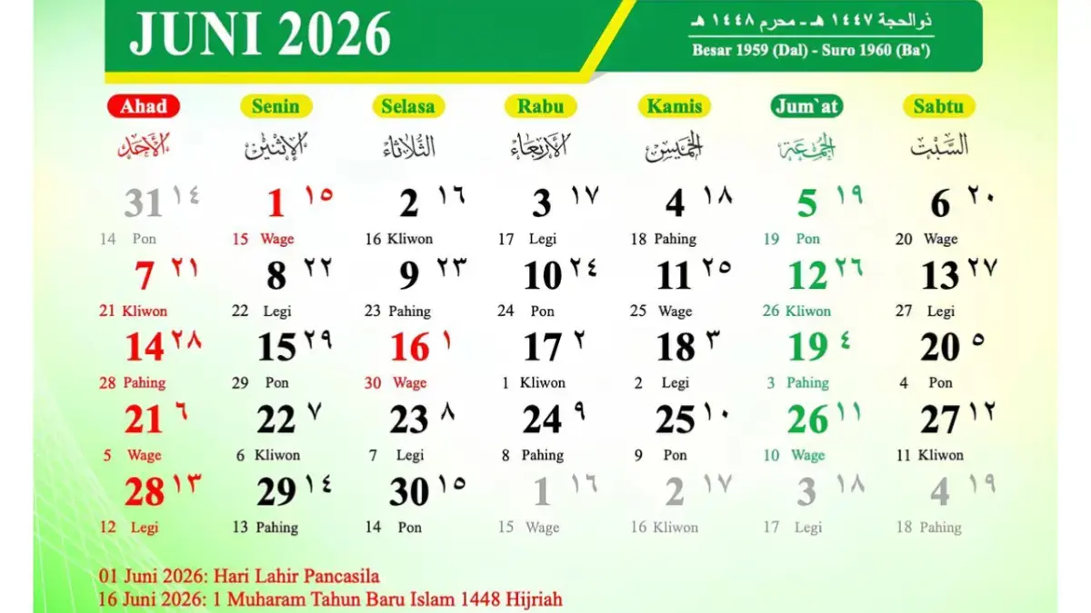 Kalender Juni 2026. (RADAR SOLO)