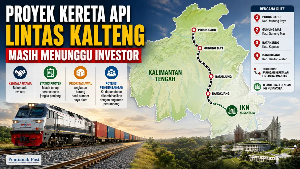 Proyek kereta api lintas Kalimantan Tengah masih tertunda karena belum ada investor yang bersedia mendanai pembangunan. (Ilustrasi AI/Pontianak Post)