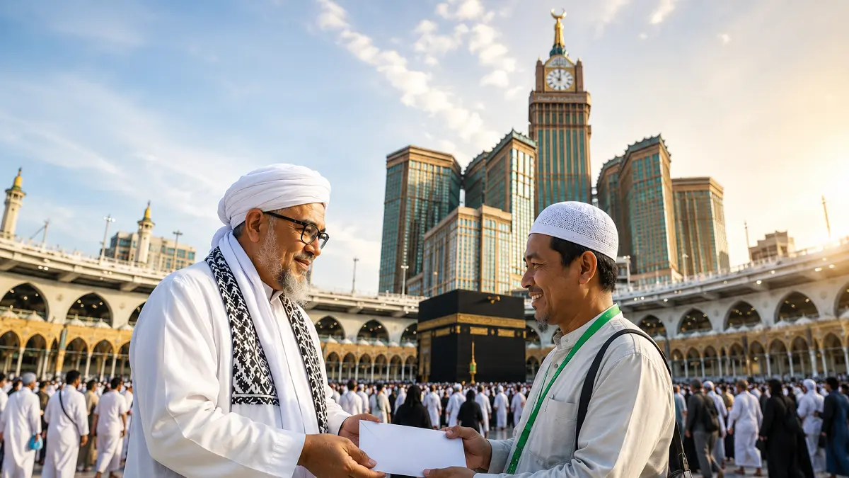 Ilustrasi pemberian wakaf Habib Bugak Asyi dari pengelola ke jamaah haji asal Aceh 