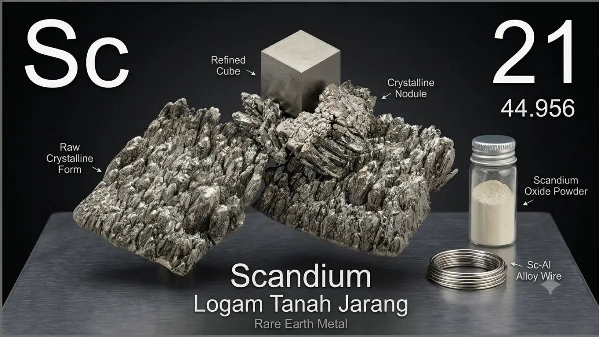 Ilustrasi Skandium. Logam langka ini disebut memiliki potensi besar untuk merevolusi industri energi bersih. (GEMINI AI)