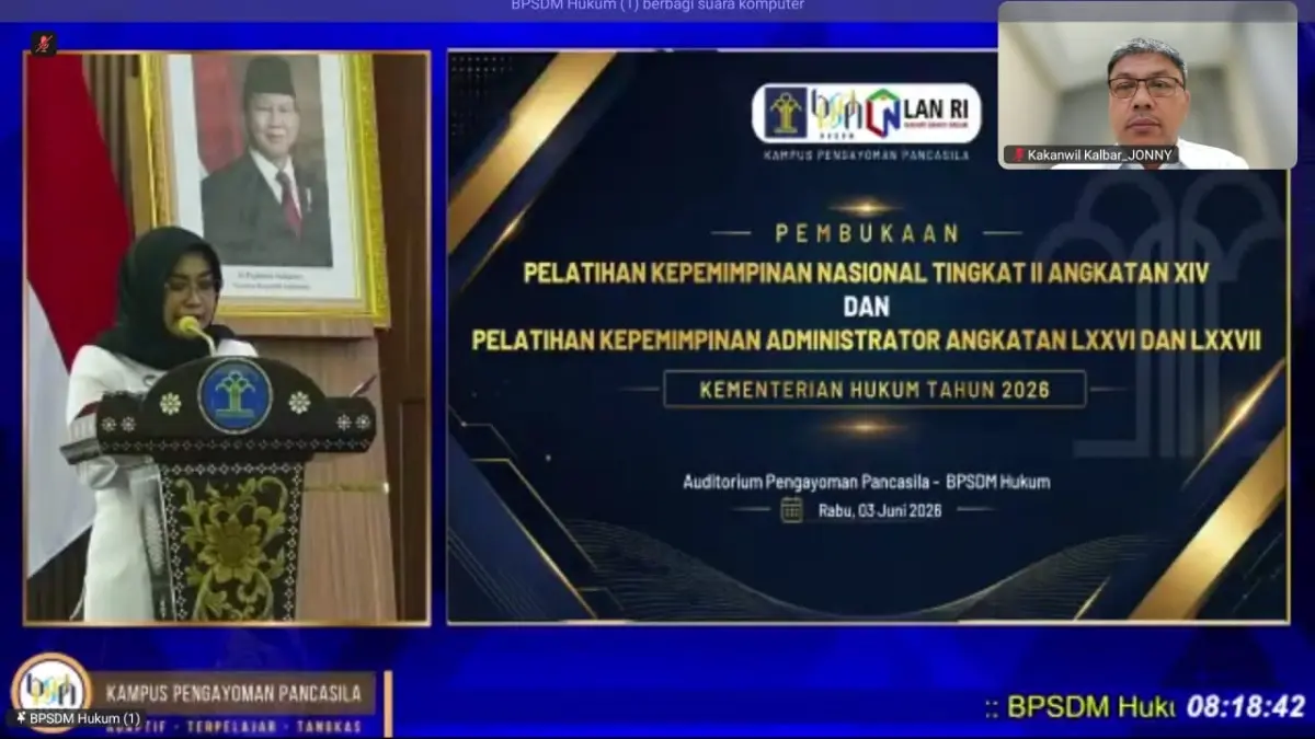 Pembukaan Pelatihan Kepemimpinan Nasional (PKN) Tingkat II Angkatan XIV sekaligus Pelatihan Kepemimpinan Administrator (PKA) Angkatan LXXVI dan LXXVII Tahun 2026 secara daring pada Rabu (3/6). (DOK KANWIL KEMENKUM KALBAR)