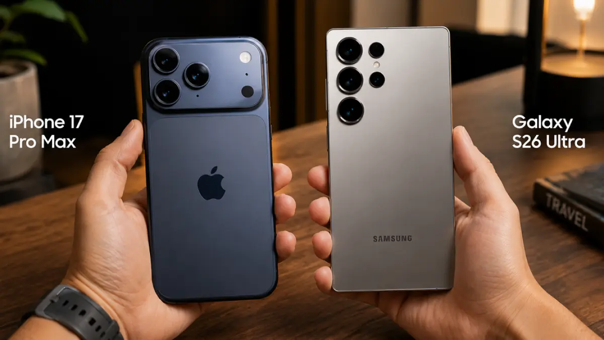 iPhone 17 Pro Max dan Galaxy S26 Ultra menjadi dua smartphone flagship yang bersaing di segmen premium.(Ilustrasi AI)