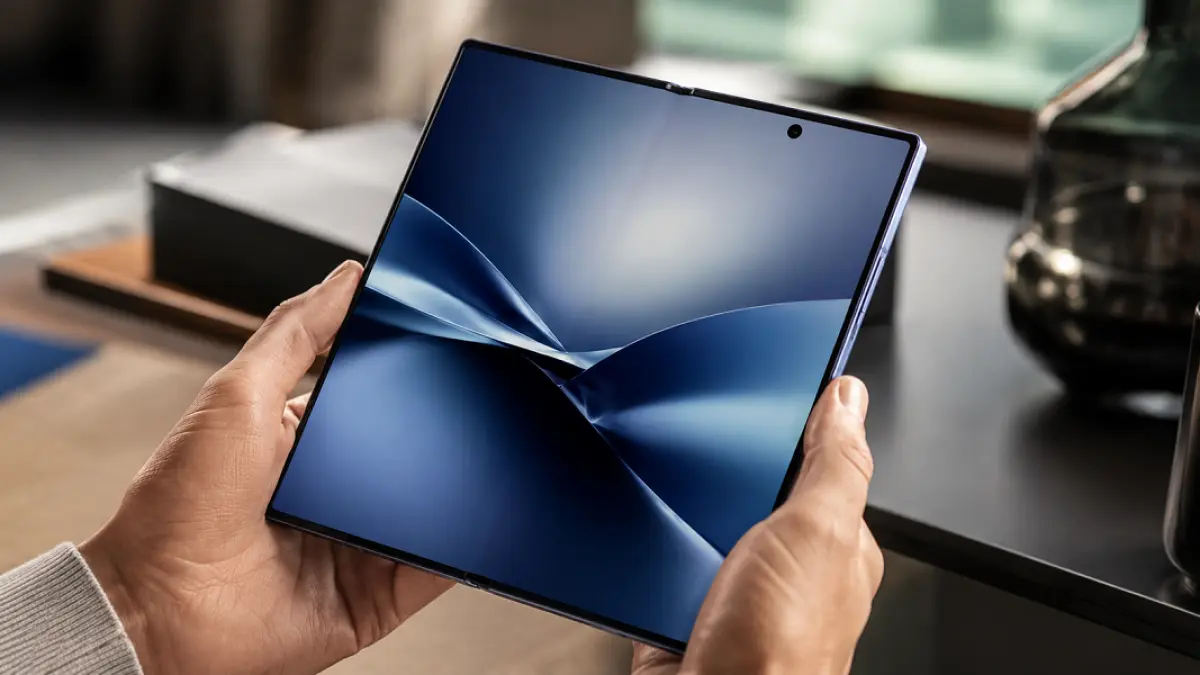 Render Samsung Galaxy Z Fold 8 yang dikabarkan membawa desain lebih tipis dan layar minim lipatan. (Ilustrasi AI)