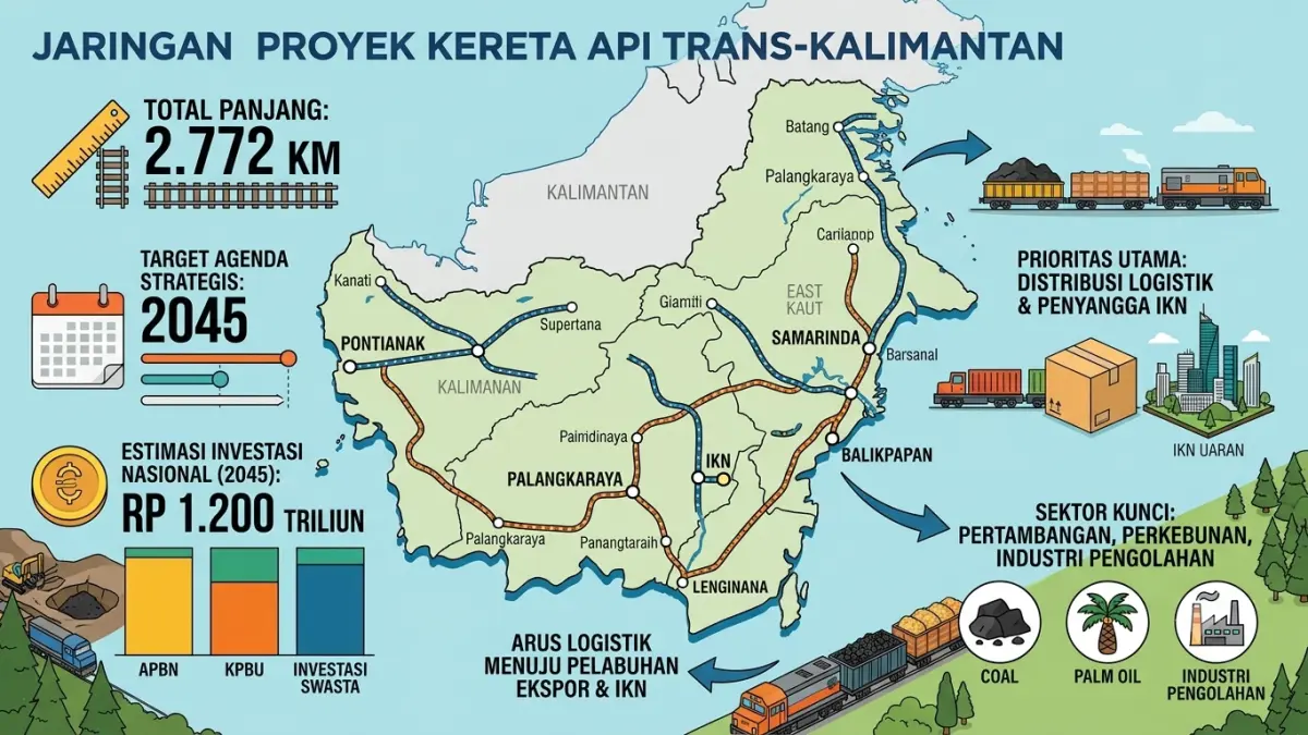 Ilustrasi peta jalur kereta api trans-kalimantan yang akan menjadi urat nadi konektivitas di pulau tersebut. (GEMINI AI)
