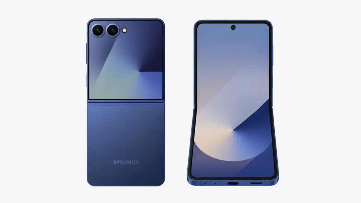 Tampilan Samsung Galaxy Z Flip 8 dengan desain lipat terbaru yang lebih tipis dan elegan. (ILUSTRASI AI)