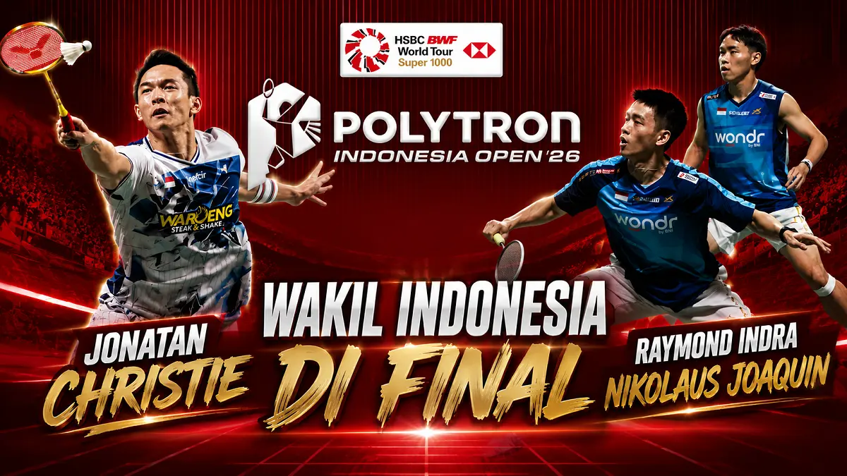 Jonatan Christie dan pasangan Raymond Indra/Nikolaus Joaquin menjadi harapan Indonesia pada final Polytron Indonesia Open 2026 di Istora Senayan, Jakarta. (Antara Foto, Diolah AI)